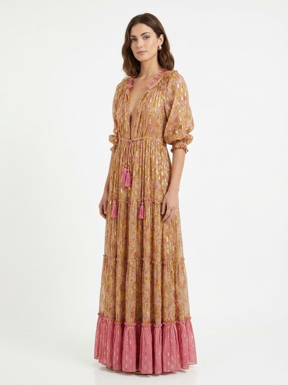 Printed Tassel-Trim Maxi Dress in Pink and Gold